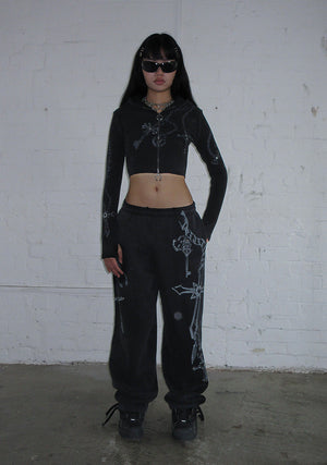 DESTROY SUPER CROP FITTED RIB ZIP HOODIE BLACK VINTAGE WASH