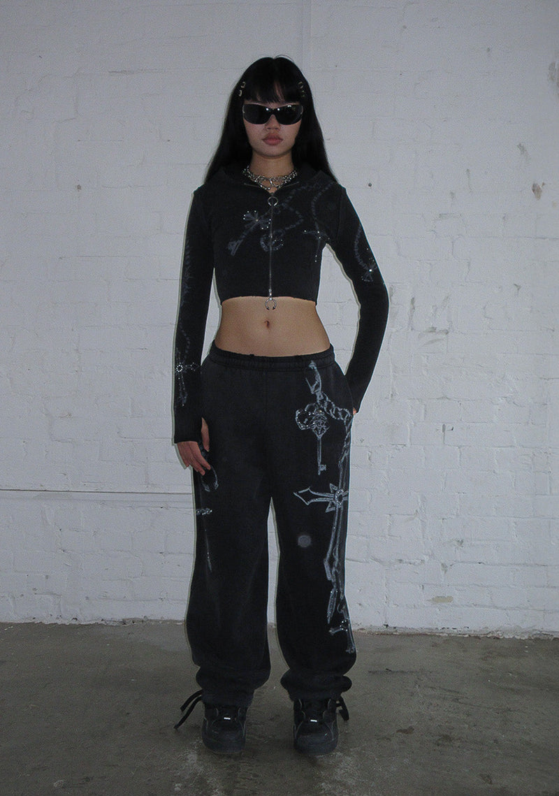 DESTROY SUPER CROP FITTED RIB ZIP HOODIE BLACK VINTAGE WASH