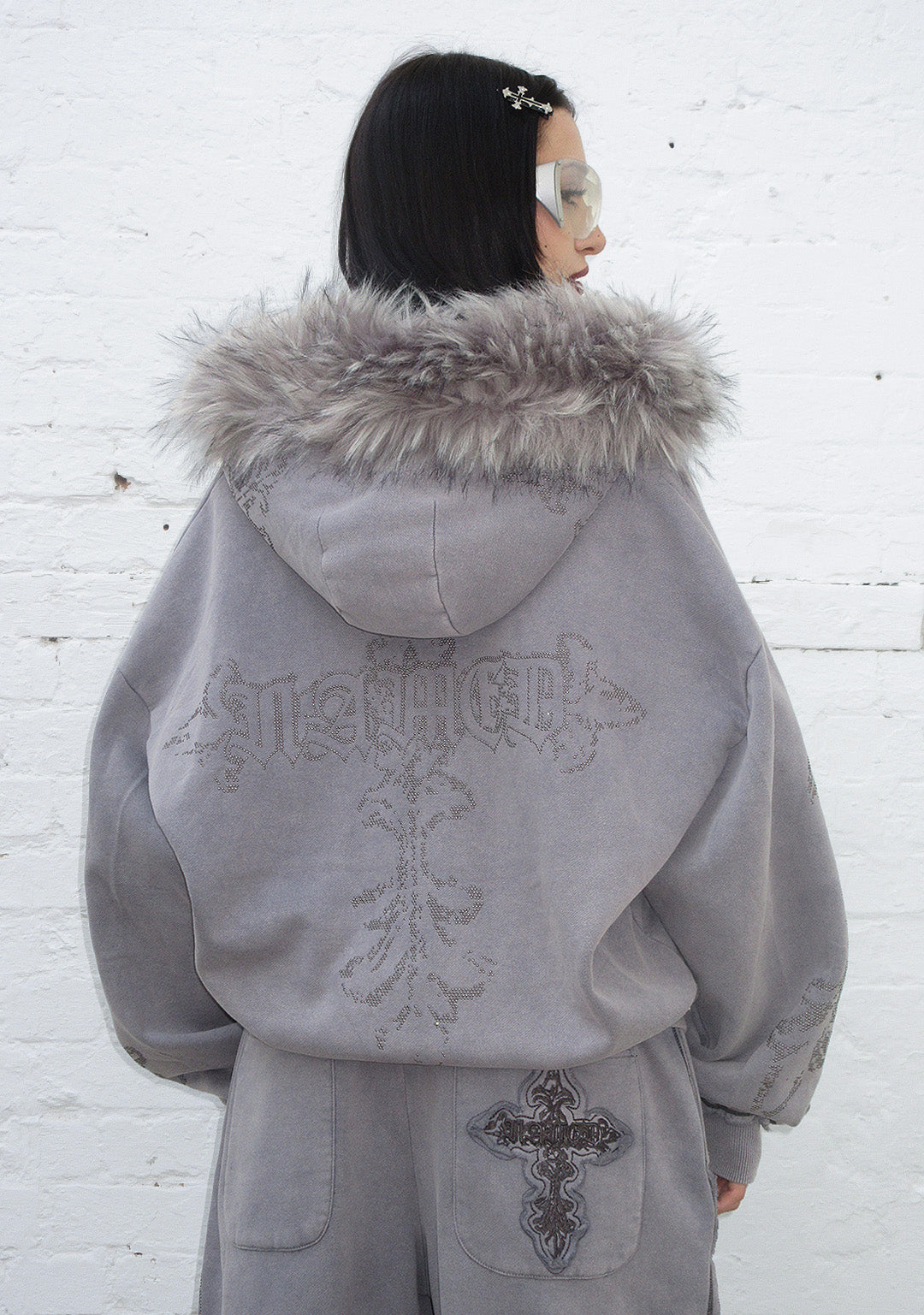 Feral Faux Fur Studded Zip Hoodie Washed Grey Detachable Fur