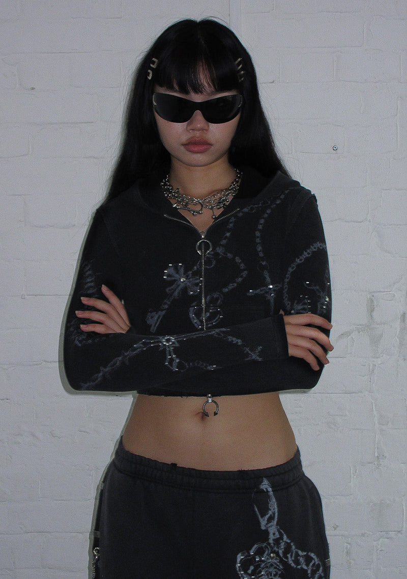 DESTROY SUPER CROP FITTED RIB ZIP HOODIE BLACK VINTAGE WASH