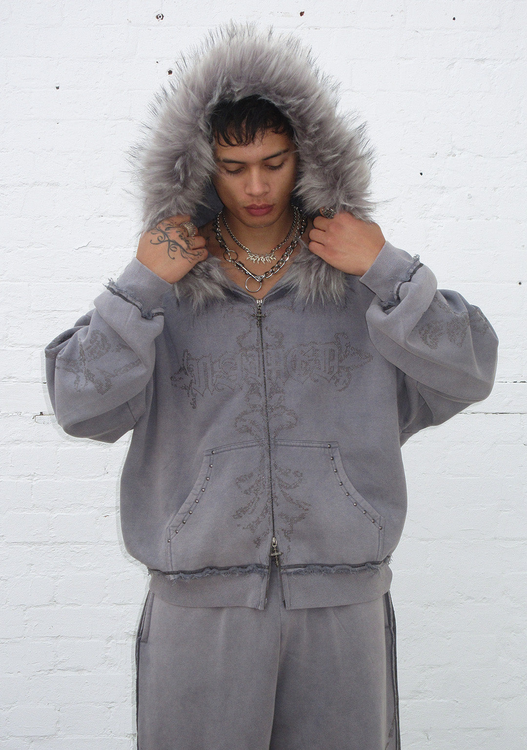 Feral Faux Fur Studded Zip Hoodie Washed Grey Detachable Fur
