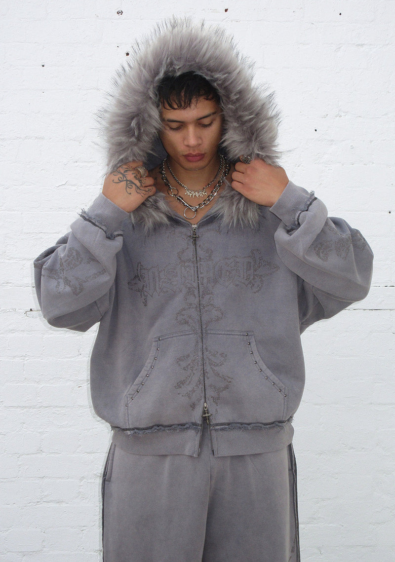 FERAL FAUX FUR STUDDED ZIP HOODIE WASHED GREY (DETACHABLE FUR)