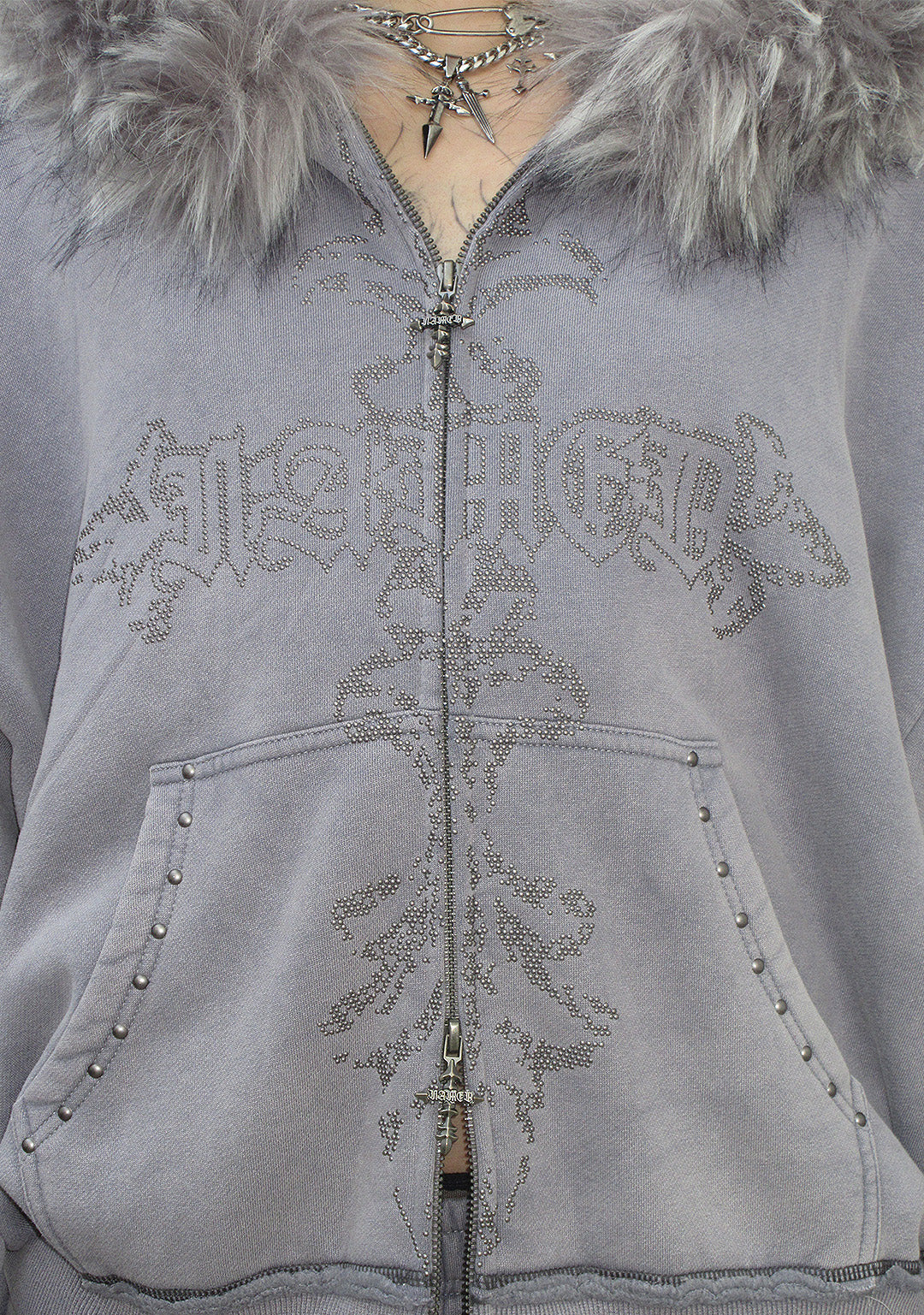 Feral Faux Fur Studded Zip Hoodie Washed Grey Detachable Fur