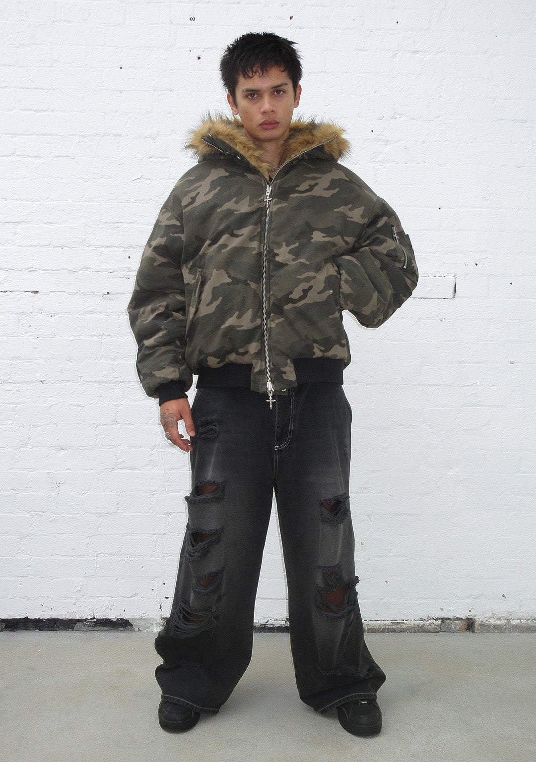 FERAL FAUX FUR REVERSIBLE BOMBER JACKET CAMO AND NATURAL