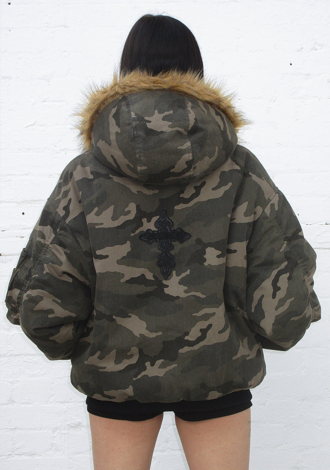 FERAL FAUX FUR REVERSIBLE BOMBER JACKET CAMO AND NATURAL