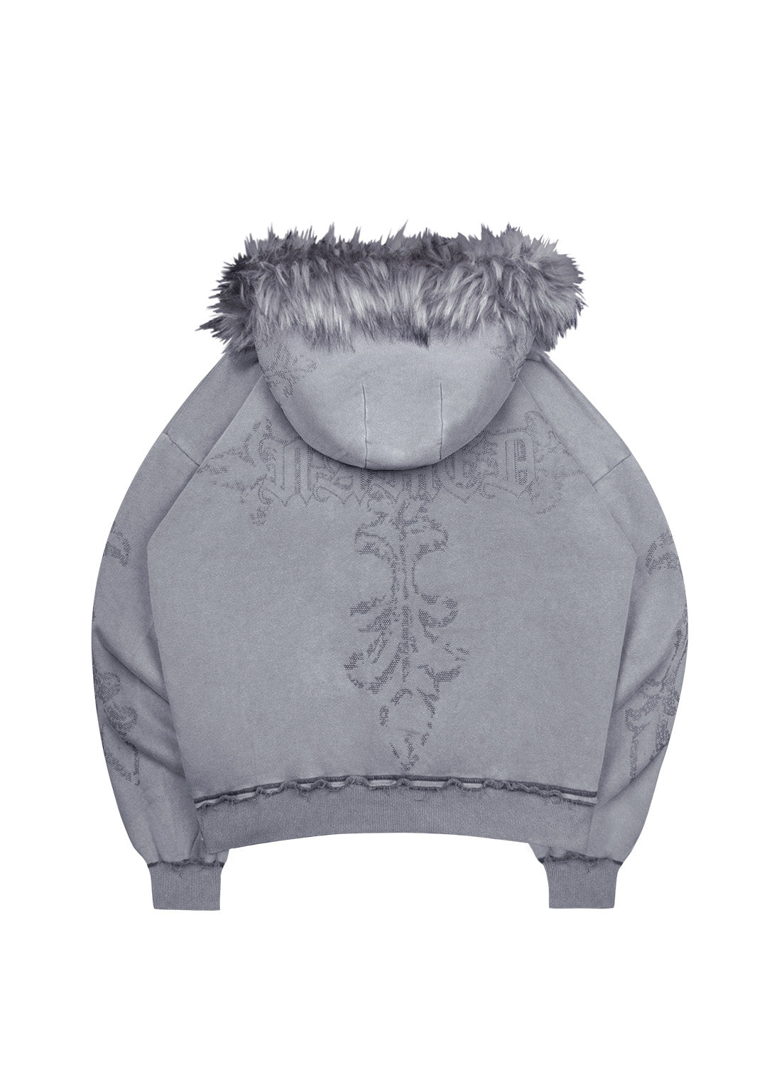 Feral Faux Fur Studded Zip Hoodie Washed Grey Detachable Fur