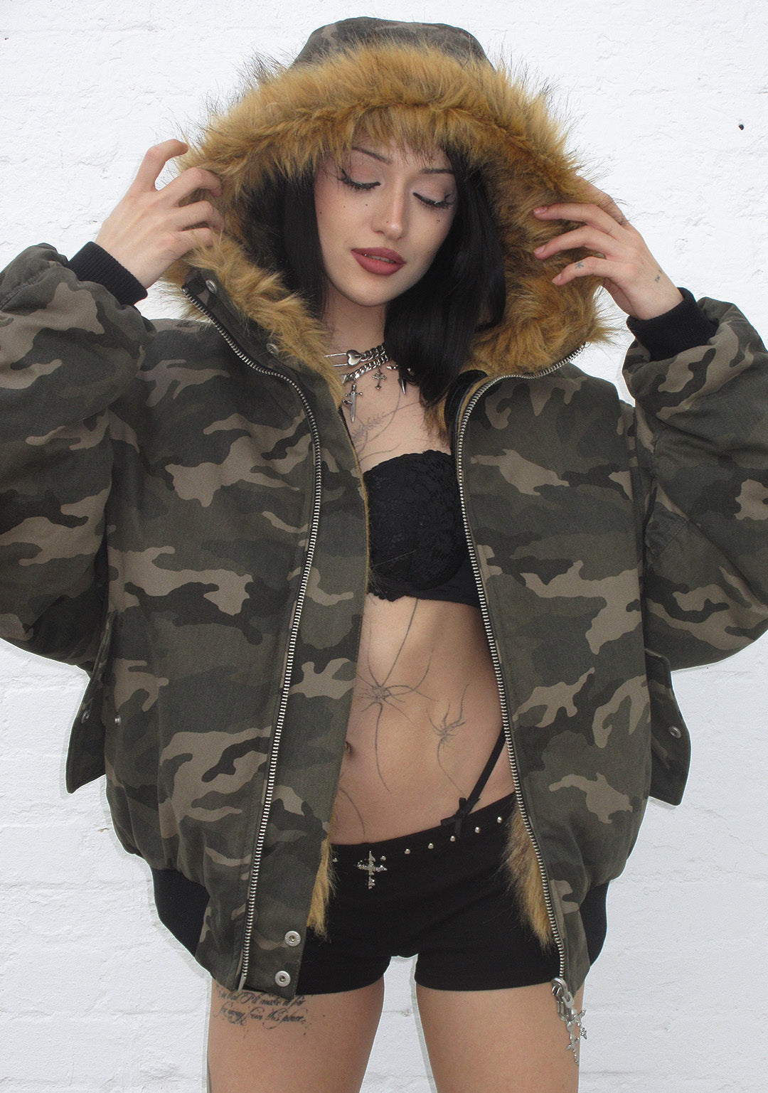 FERAL FAUX FUR REVERSIBLE BOMBER JACKET CAMO AND NATURAL