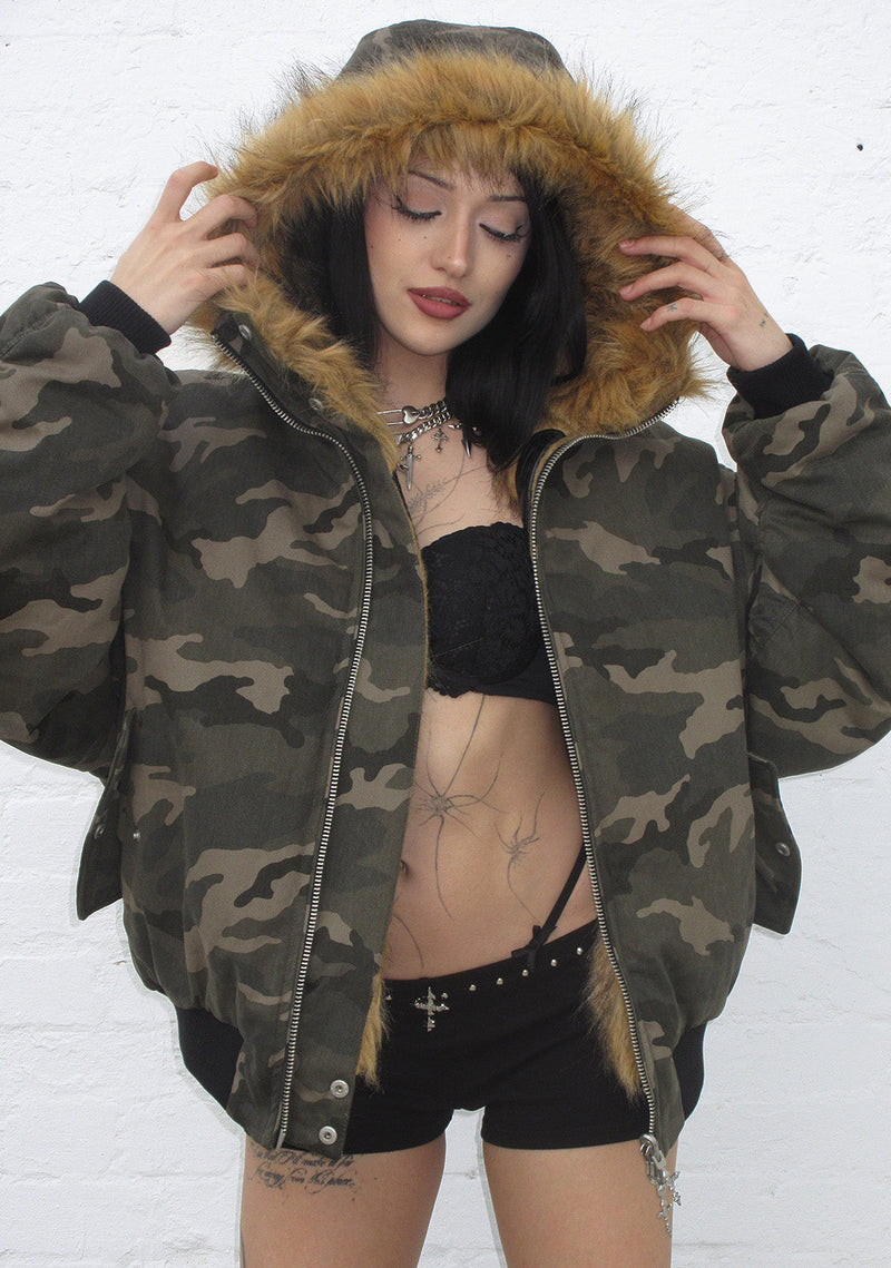 FERAL FAUX FUR REVERSIBLE BOMBER JACKET CAMO AND NATURAL