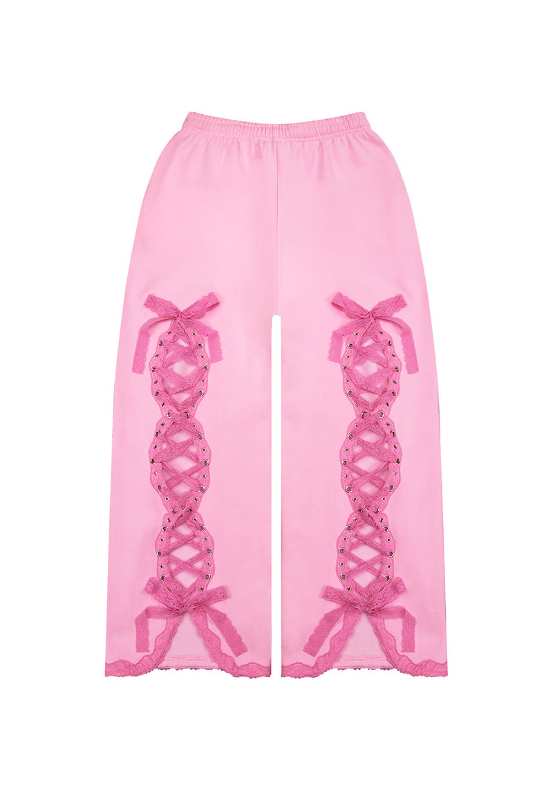 BAD ROMANCE LACE RIBBON OVERSIZED SWEATPANTS BABY PINK