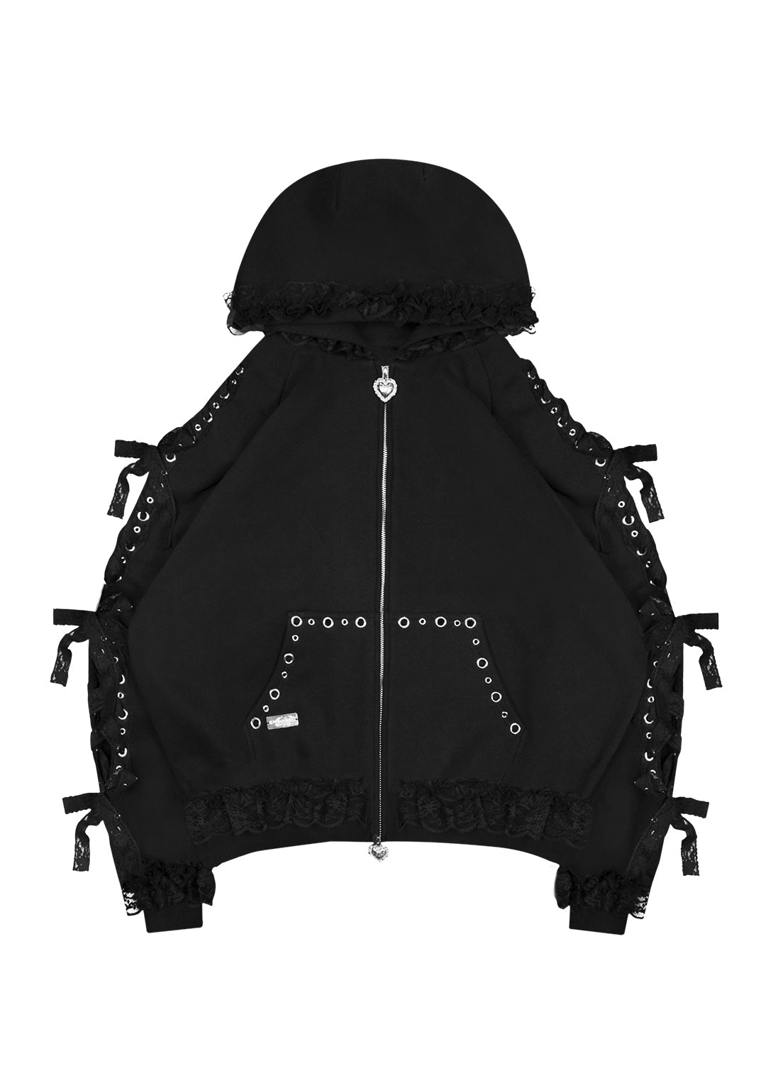 BAD ROMANCE LACE RIBBON ZIP HOODIE BLACK