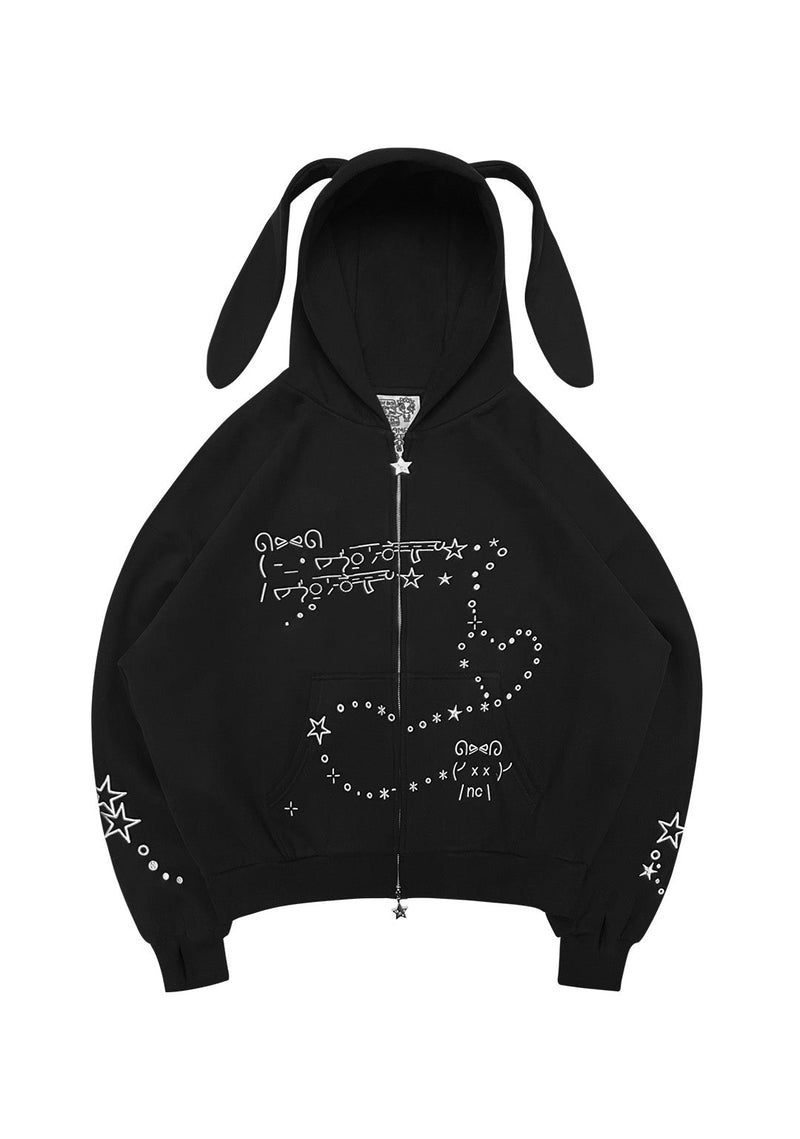 MALFUNCTION BUNNY ZIP HOODIE BLACK (DETACHABLE EARS)