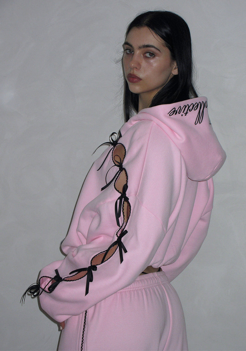 PRINC355 RIBBON CROP ZIP HOODIE BABY PINK