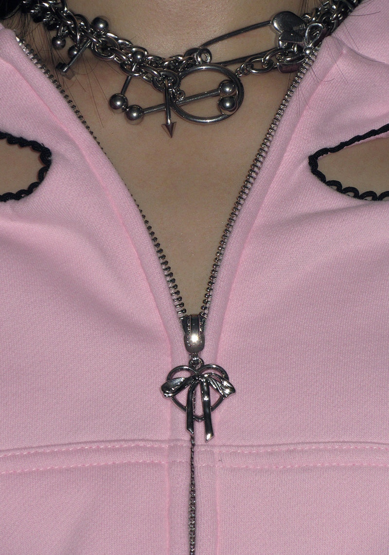 PRINC355 RIBBON CROP ZIP HOODIE BABY PINK
