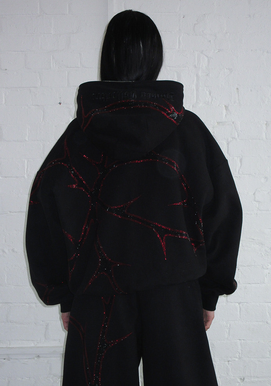 THORN RHINESTONE ZIP HOODIE BLACK AND RED