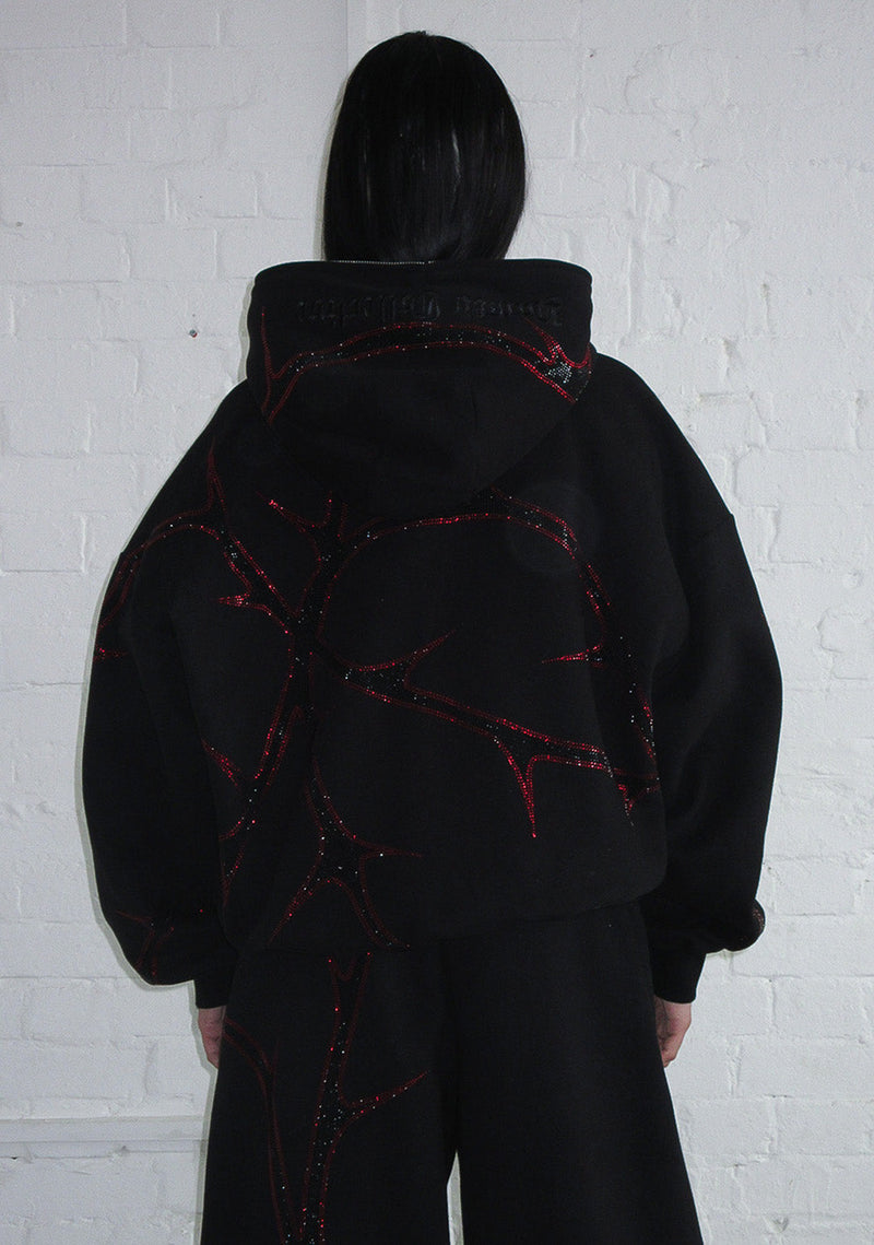 THORN RHINESTONE ZIP HOODIE BLACK AND RED