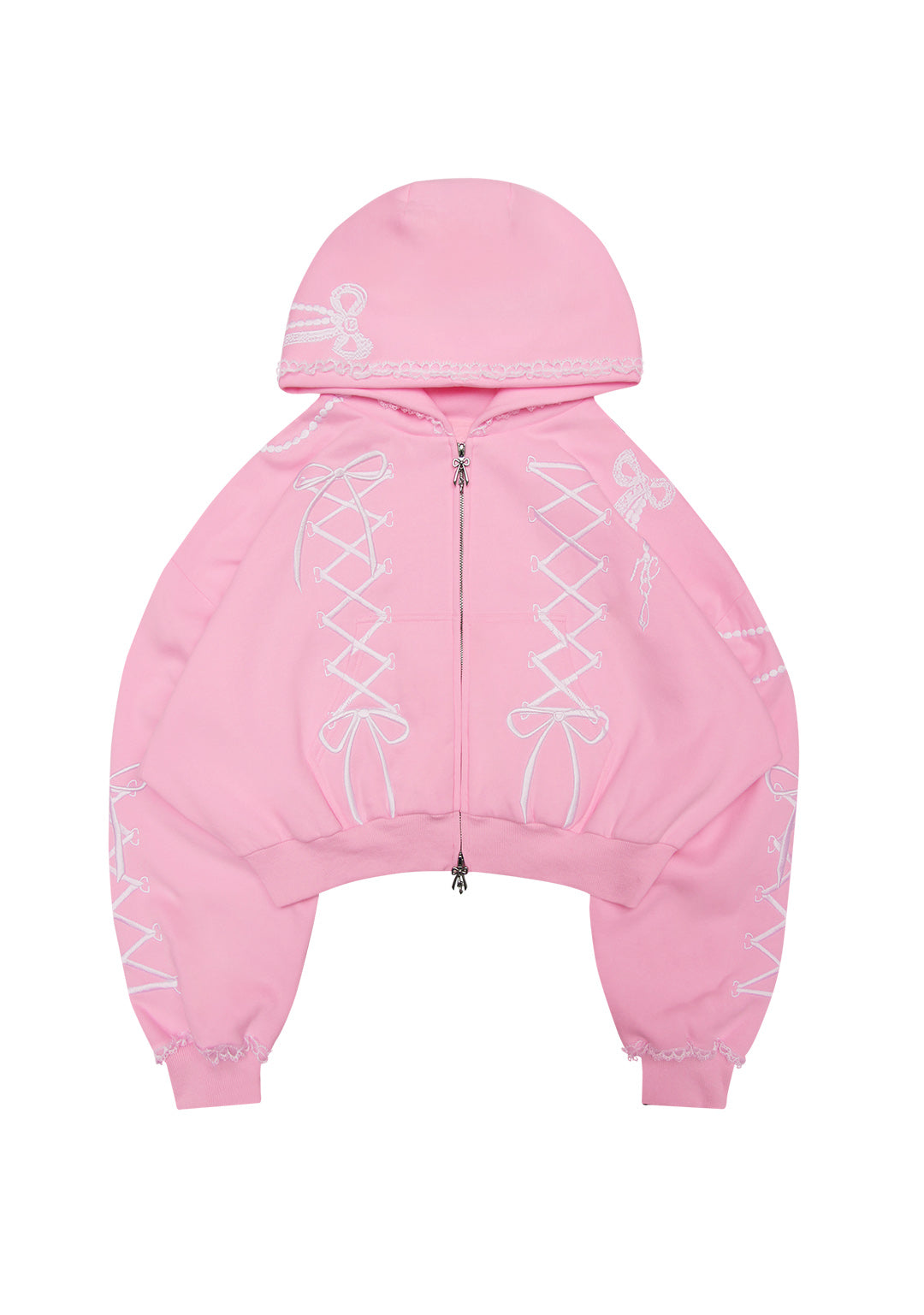 CONFESSIONS EMBROIDERED CROP ZIP HOODIE BABY PINK