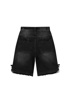DESTROY LACE RIBBON JORTS BLACK VINTAGE WASH