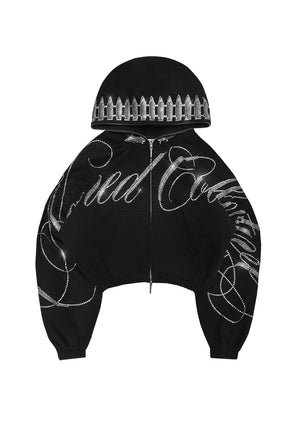 ENEMY RHINESTONE CROP ZIP HOODIE BLACK
