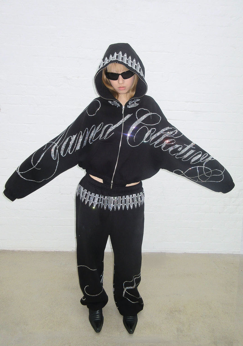 ENEMY RHINESTONE CROP ZIP HOODIE BLACK