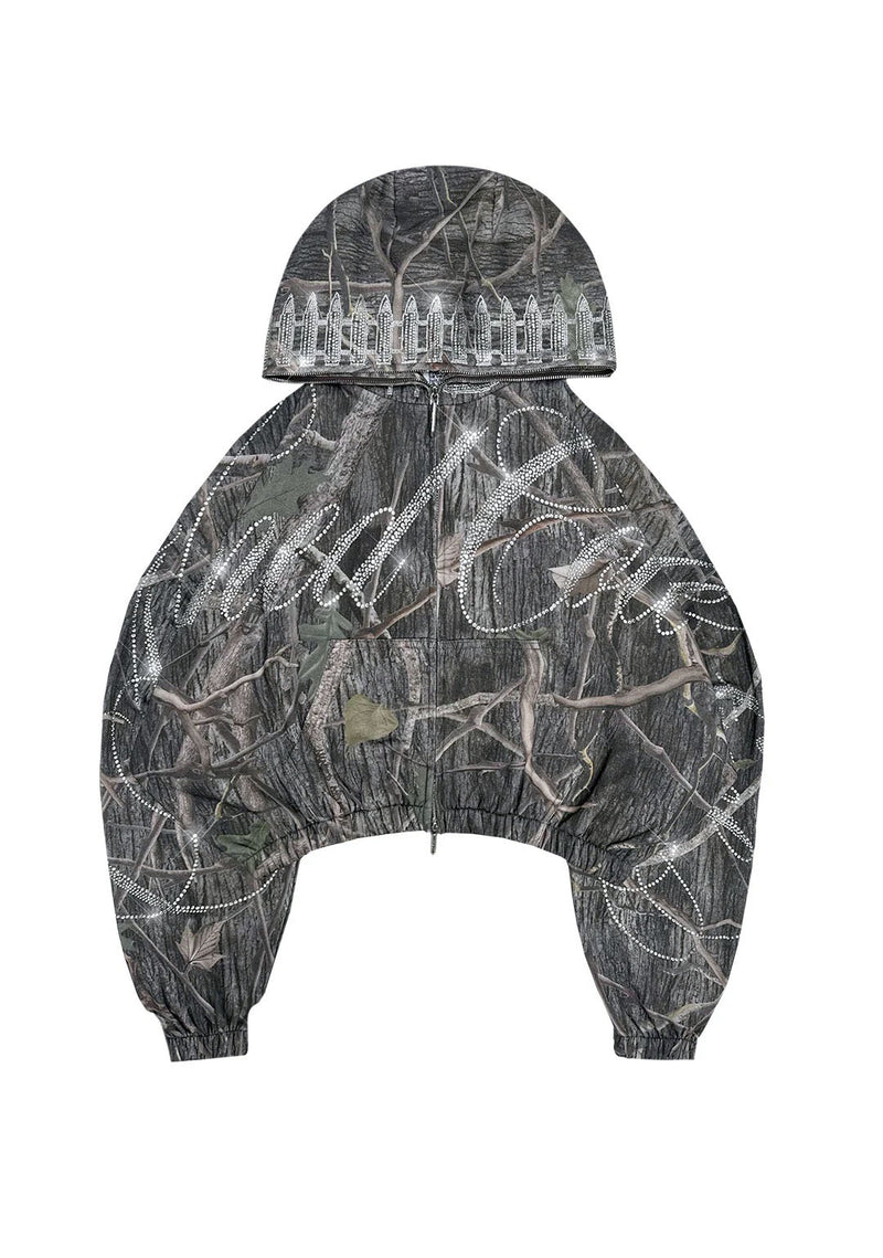ENEMY RHINESTONE CROP ZIP HOODIE TREE CAMO
