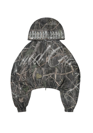ENEMY RHINESTONE CROP ZIP HOODIE TREE CAMO