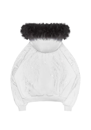 FALLEN FAUX FUR RHINESTONE ZIP HOODIE WHITE (DETACHABLE FUR)