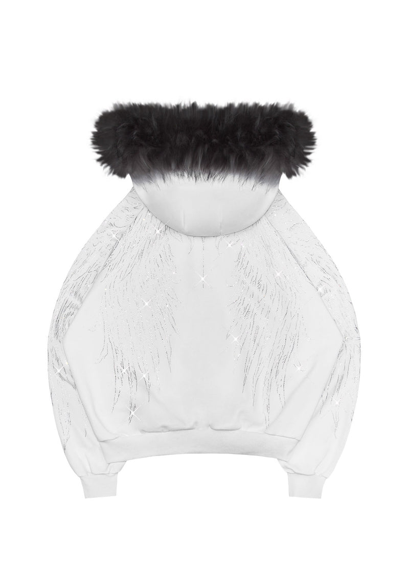 FALLEN FAUX FUR RHINESTONE ZIP HOODIE WHITE