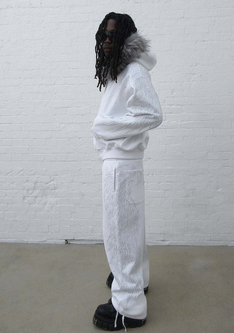 FALLEN FAUX FUR RHINESTONE ZIP HOODIE WHITE