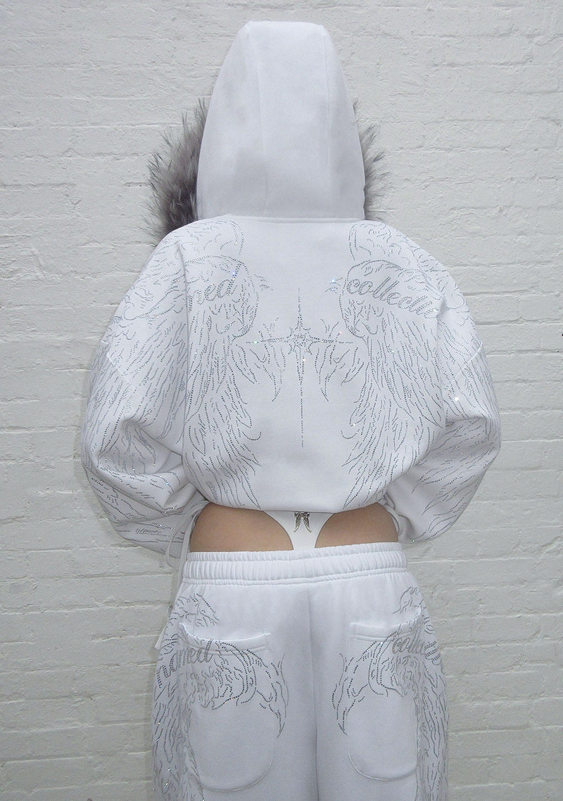 FALLEN FAUX FUR RHINESTONE ZIP HOODIE WHITE