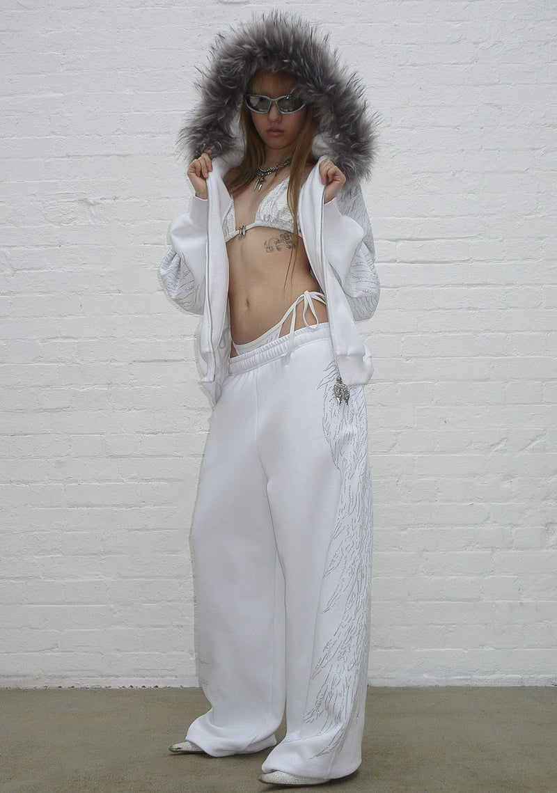 FALLEN FAUX FUR RHINESTONE ZIP HOODIE WHITE