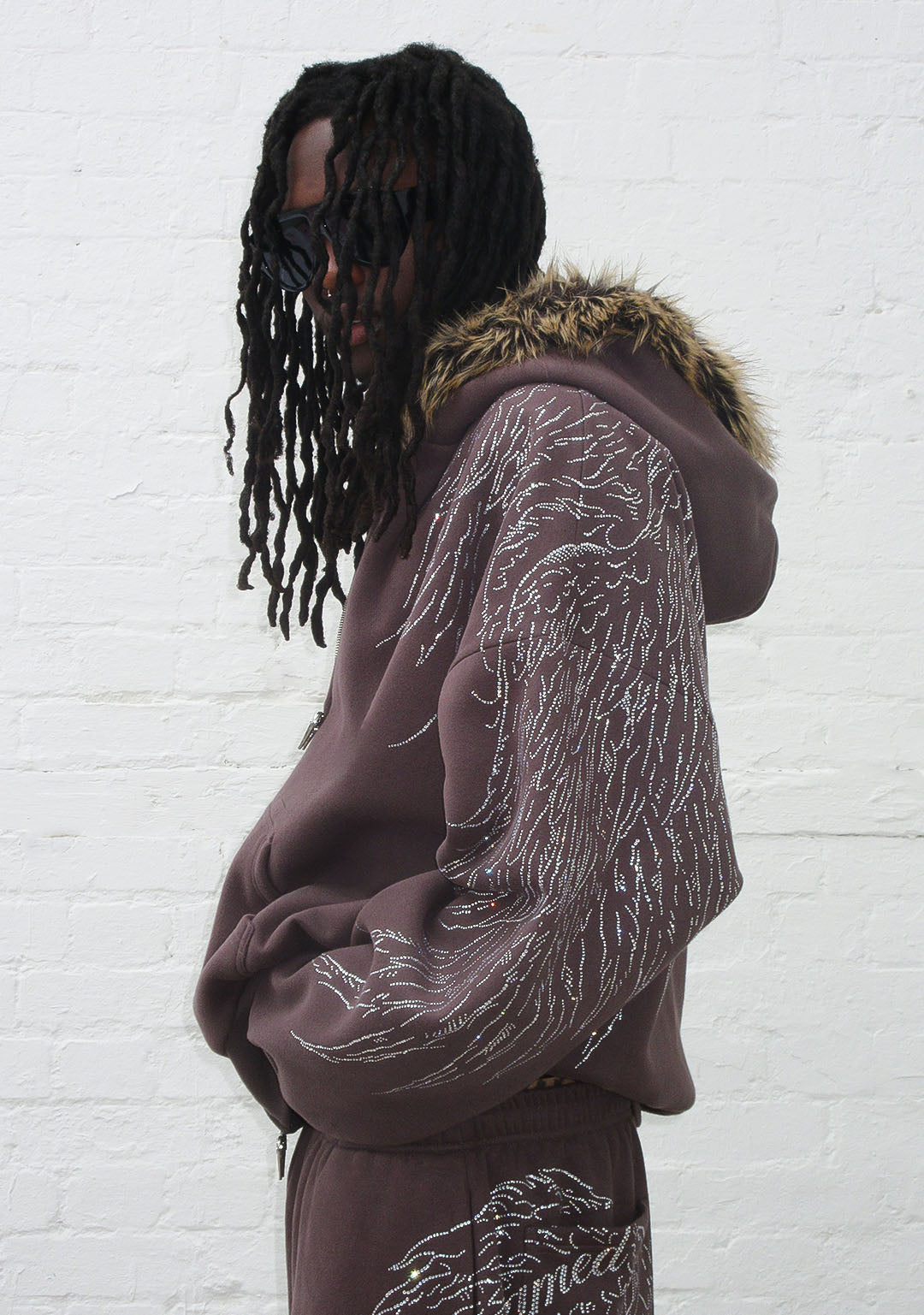 Fallen Faux Fur Rhinestone Zip Hoodie Brown Detachable Fur – NAMED