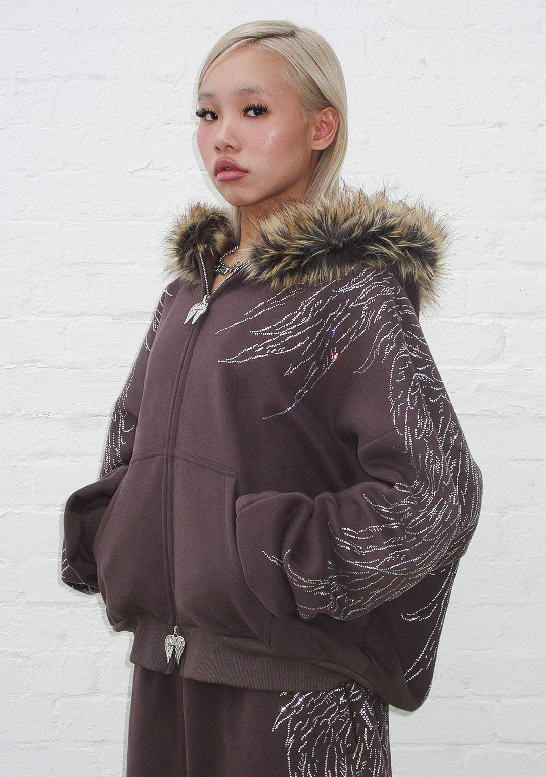 Fallen Faux Fur Rhinestone Zip Hoodie Brown Detachable Fur – NAMED