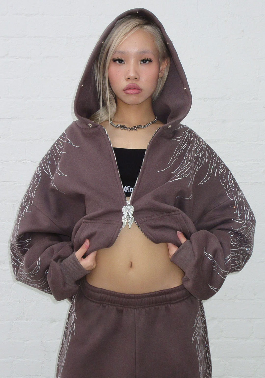 Fallen Faux Fur Rhinestone Zip Hoodie Brown Detachable Fur – NAMED