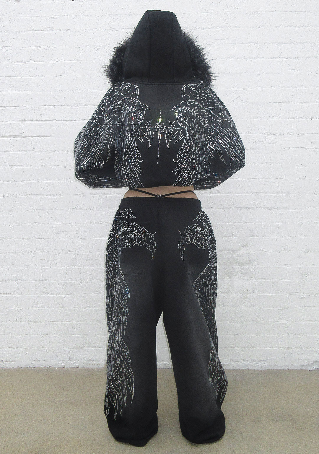 Fallen Faux Fur Rhinestone Zip Hoodie Washed Black Detachable Fur