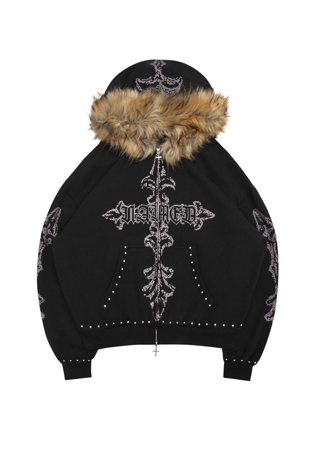 Feral Faux Fur Studded Zip Hoodie Black (Detachable Fur) – NAMED