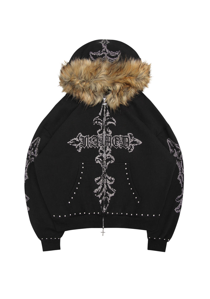 FERAL FAUX FUR STUDDED ZIP HOODIE BLACK (DETACHABLE FUR)