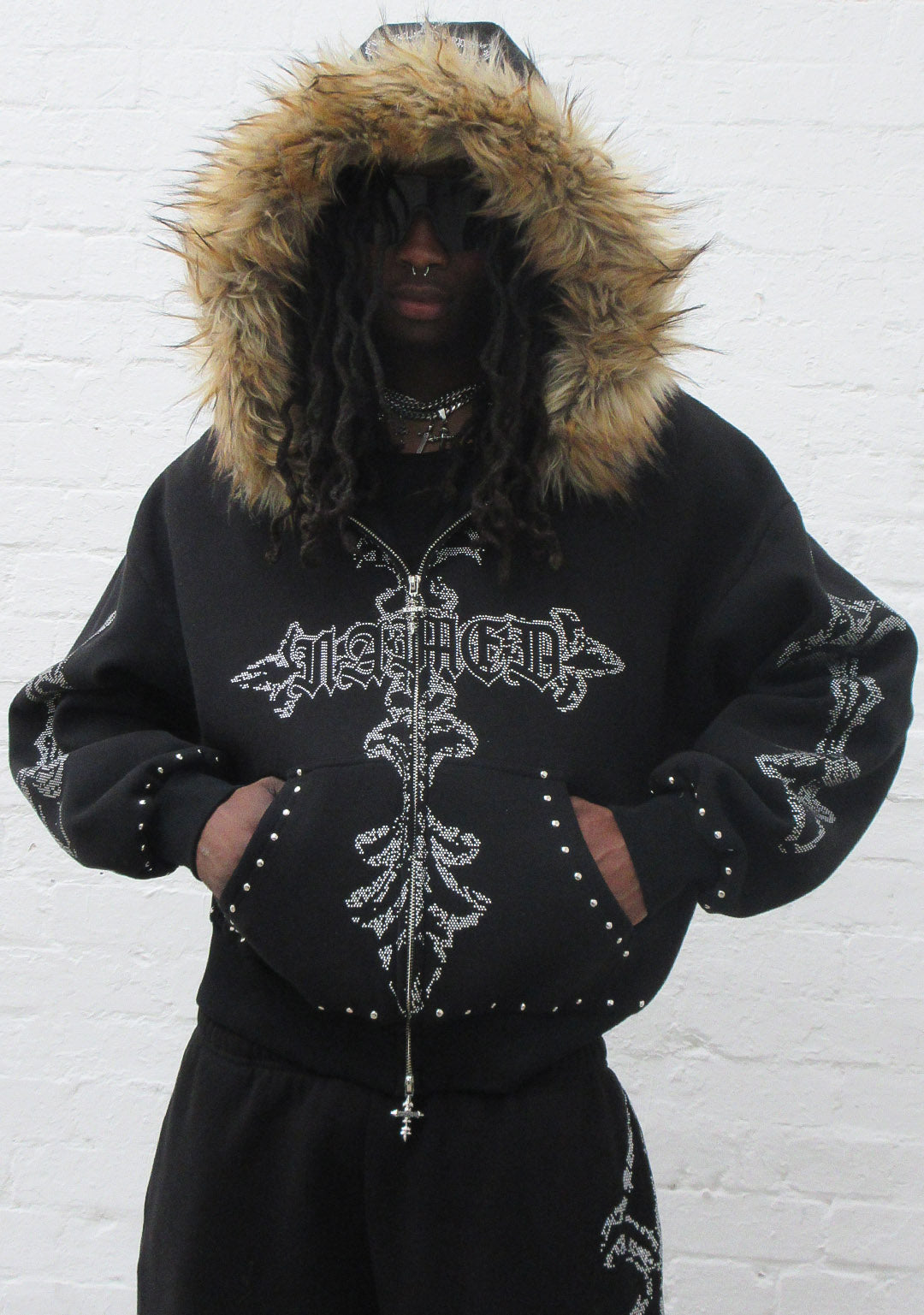 Feral Faux Fur Studded Zip Hoodie Black Detachable Fur – NAMED