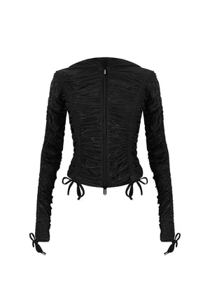 NOCTURNAL SHEER RUCHED SCULPT STRETCH ZIP HOODIE BLACK (ADJUSTABLE CORDS)