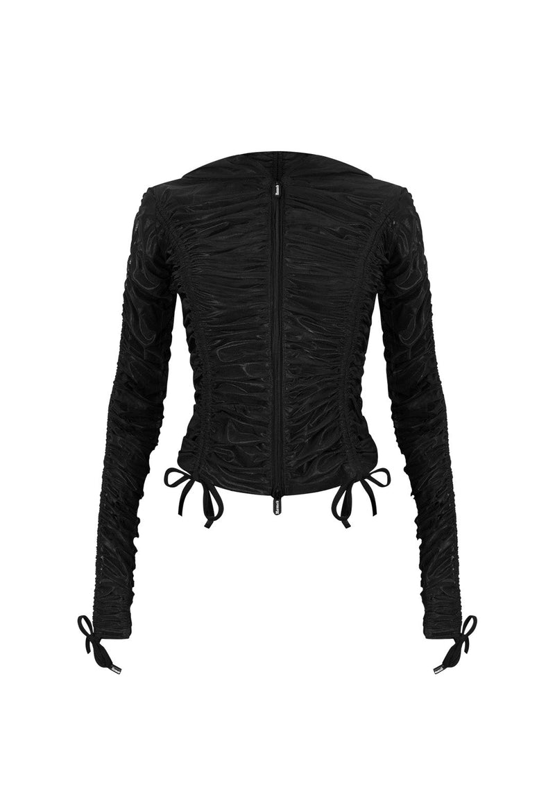NOCTURNAL SHEER RUCHED SCULPT STRETCH ZIP HOODIE BLACK (ADJUSTABLE CORDS)