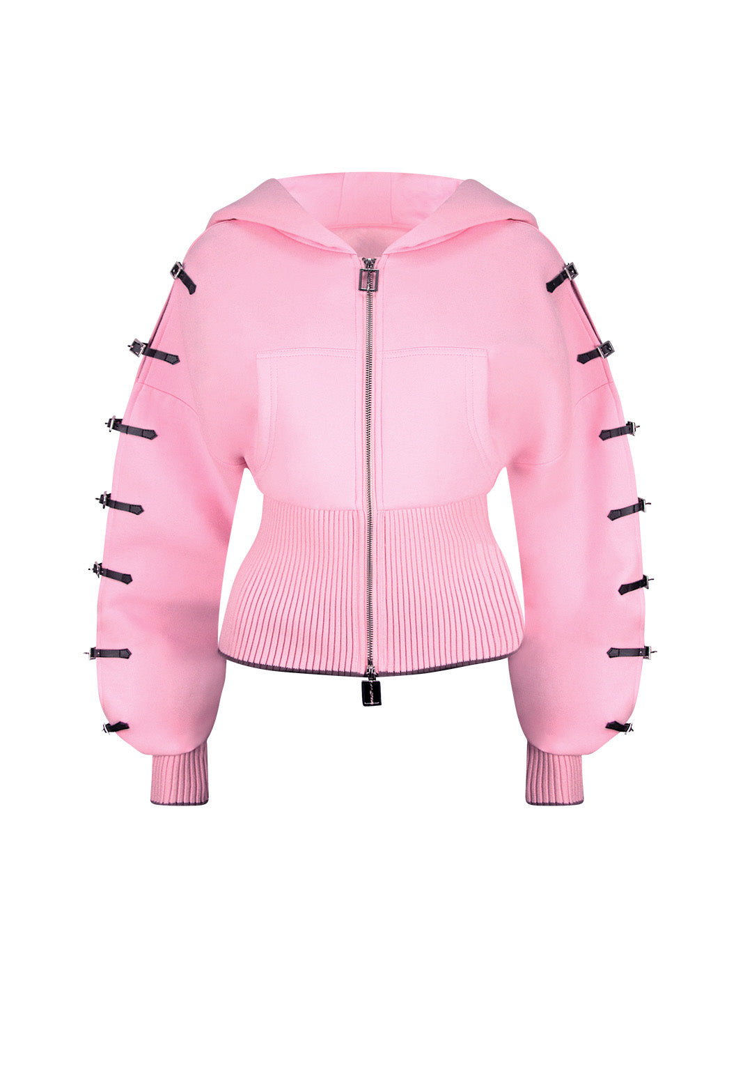 CRUSH BUCKLE FITTED WAIST ZIP HOODIE BABY PINK