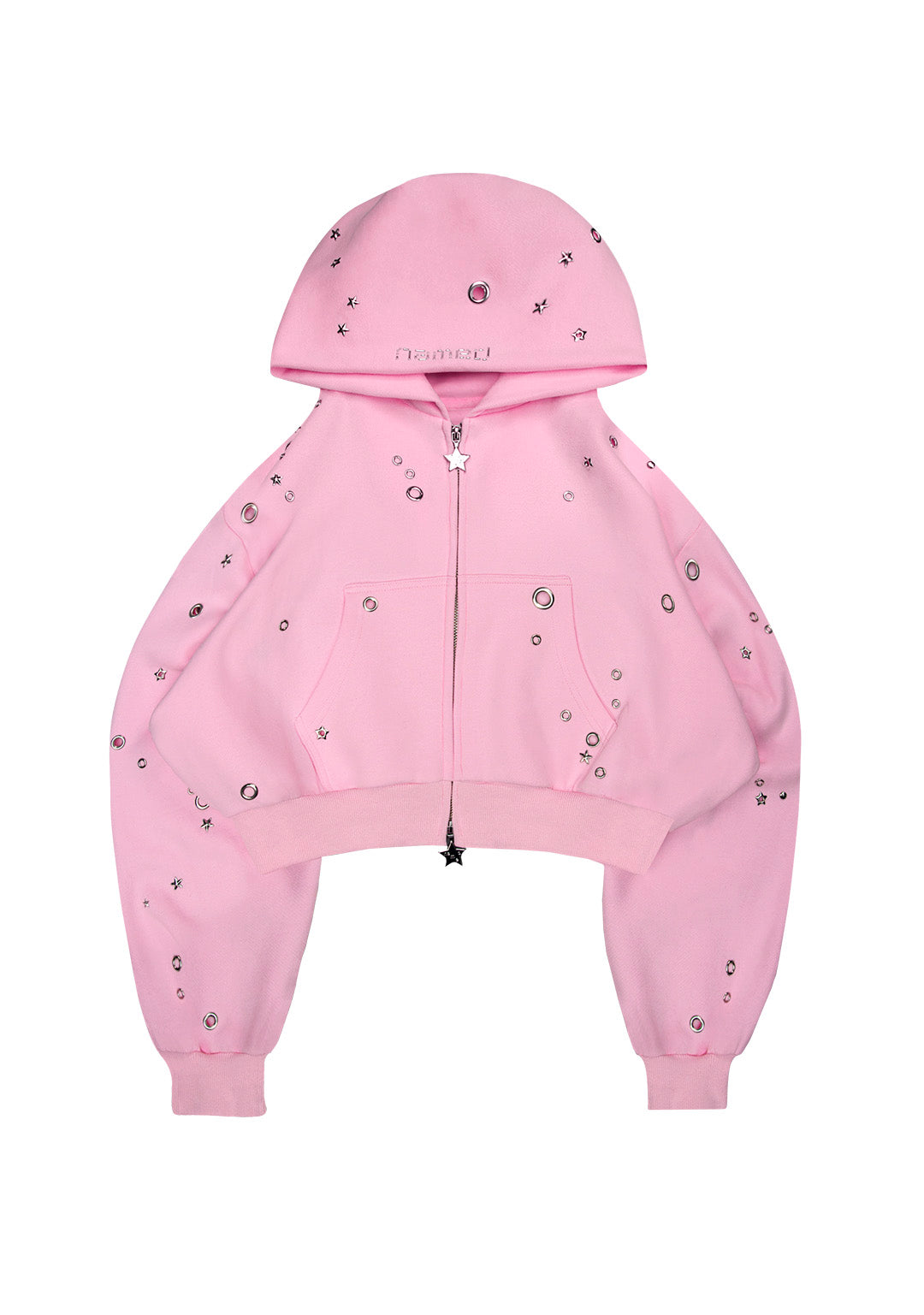 GLITCH EYELET CROP ZIP HOODIE BABY PINK
