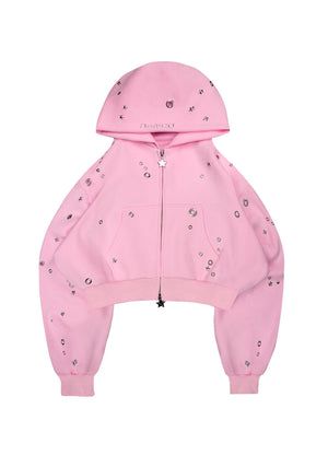 GLITCH EYELET CROP ZIP HOODIE BABY PINK