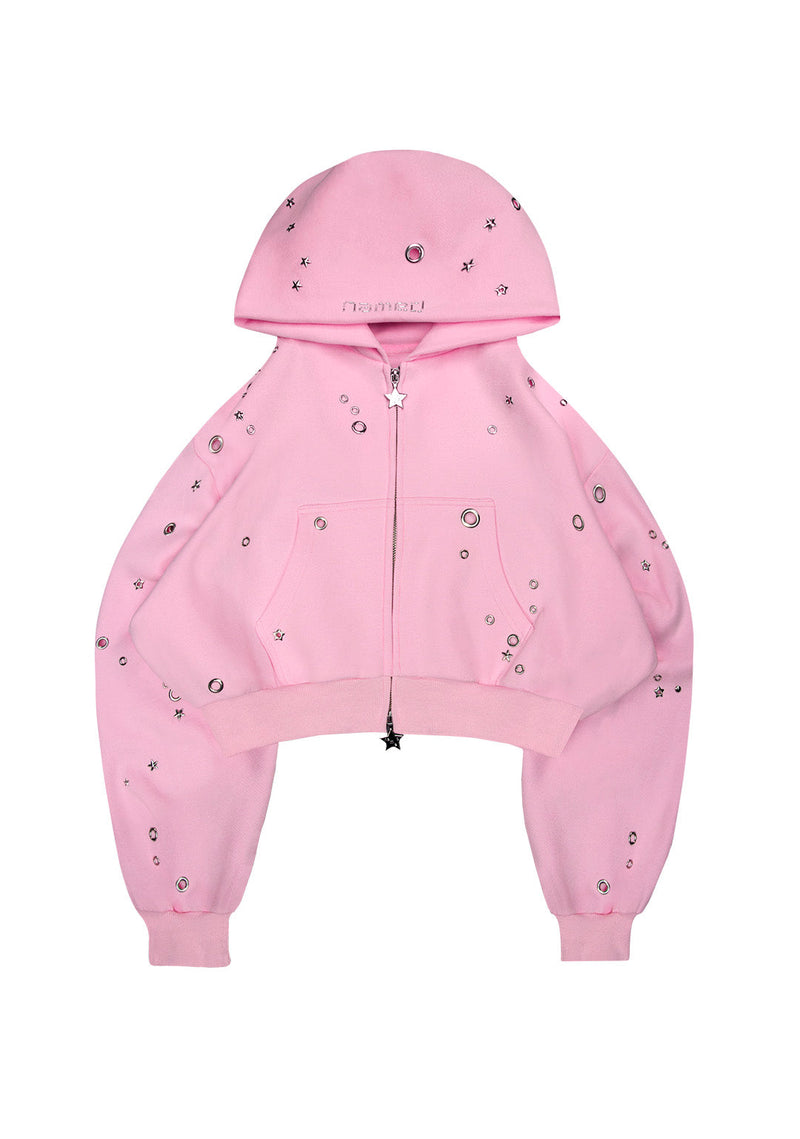 GLITCH EYELET CROP ZIP HOODIE BABY PINK