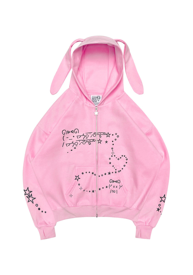 MALFUNCTION BUNNY ZIP HOODIE BABY PINK (DETACHABLE EARS)