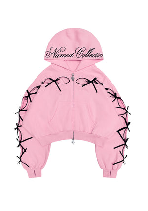 PRINC355 RIBBON CROP ZIP HOODIE BABY PINK