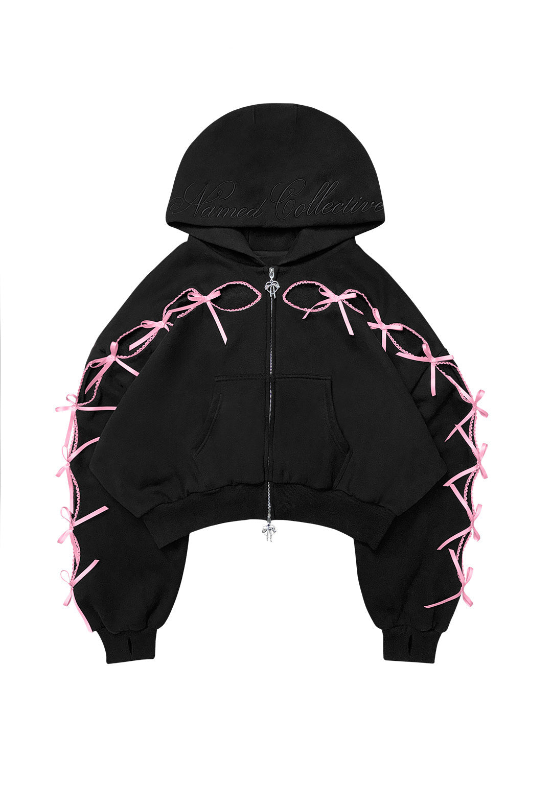 PRINC355 RIBBON CROP ZIP HOODIE BLACK