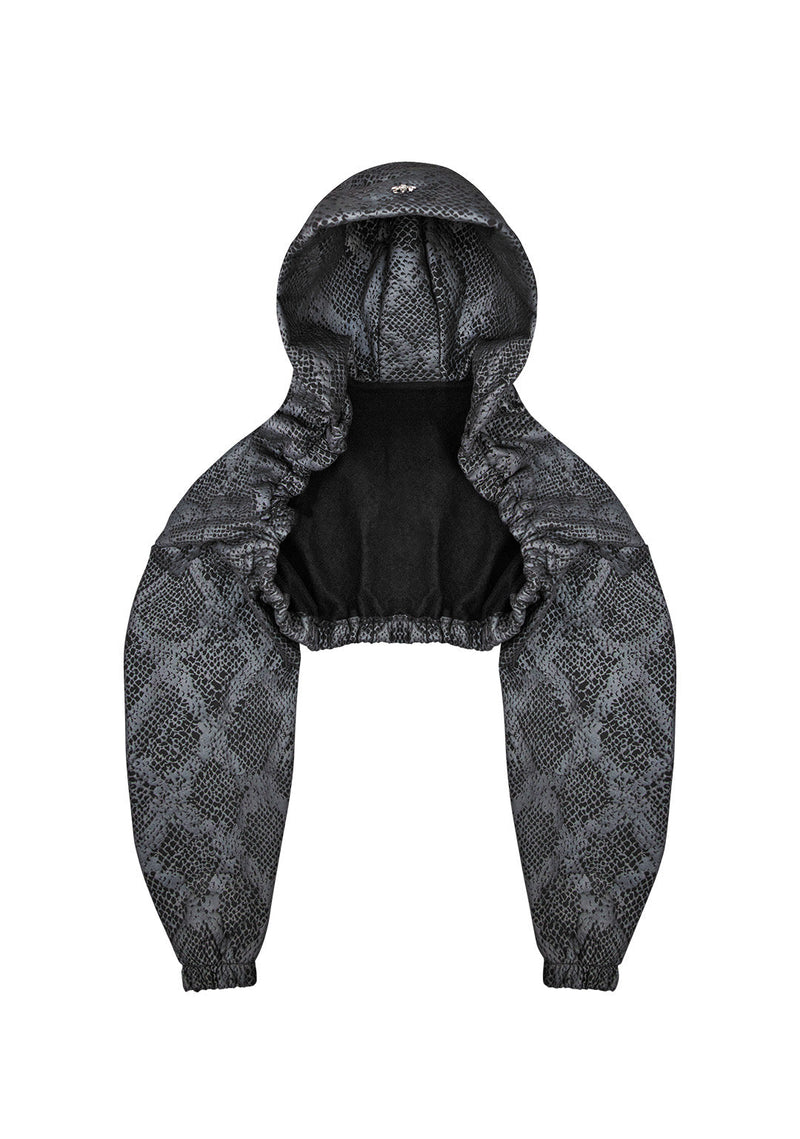 NOCTURNAL SNAKESKIN TEXTURED SUPER CROP HOODIE BLACK