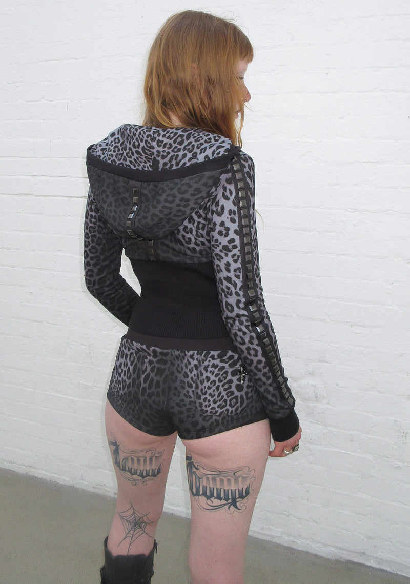 RUMOUR STUDDED FITTED ZIP HOODIE GREY LEOPARD