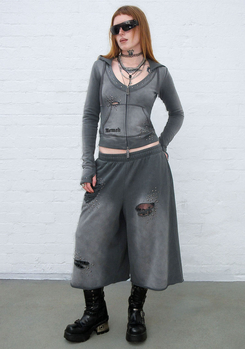 SHADOW STUDDED OVERSIZED SWEATSHORTS WASHED GREY