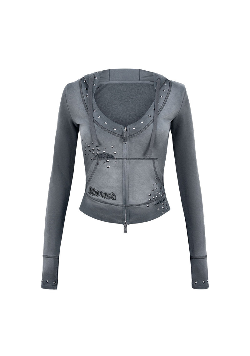 SHADOW STUDDED FITTED HOODIE WASHED GREY